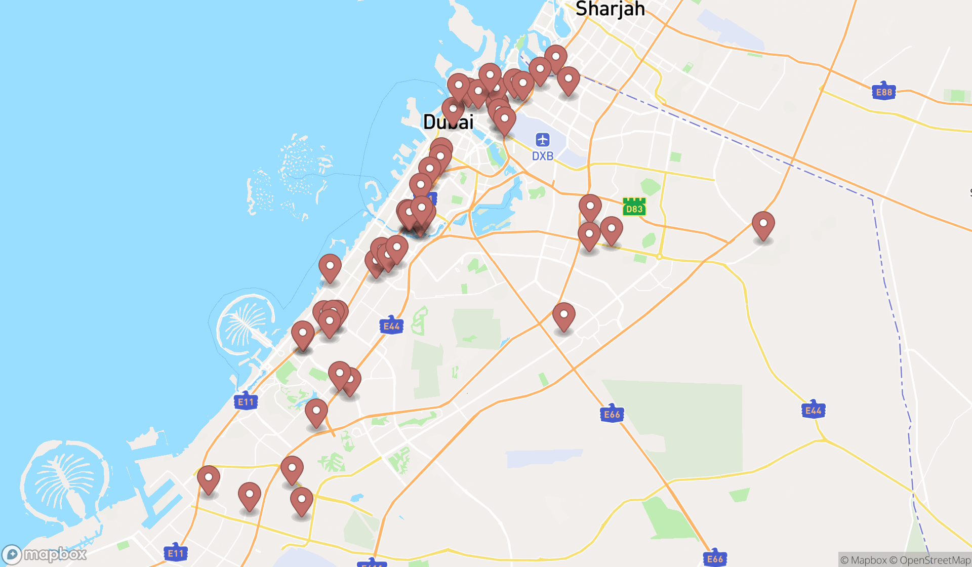 Map showing the search results in Dubai