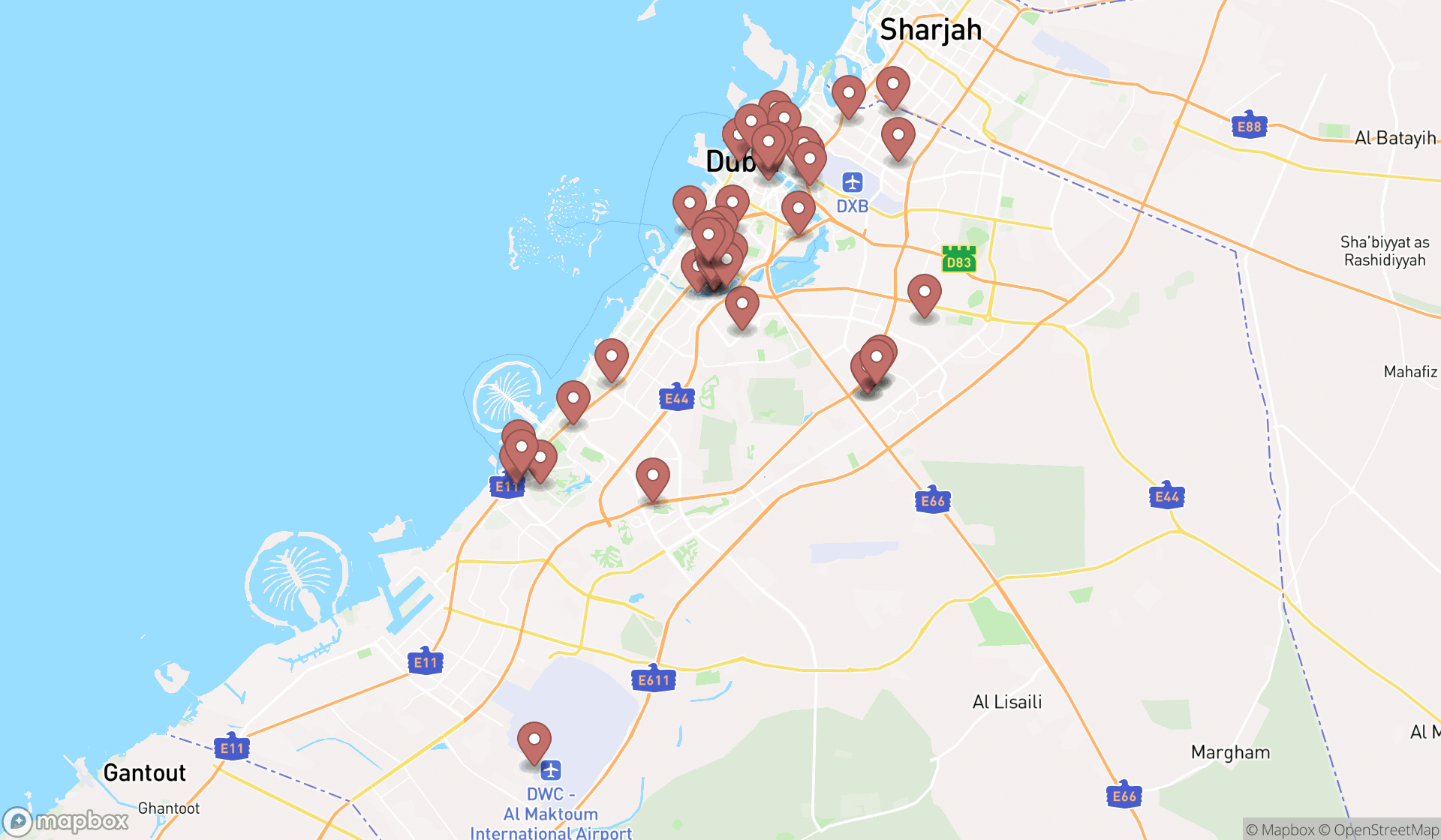 Map showing the search results in Dubai