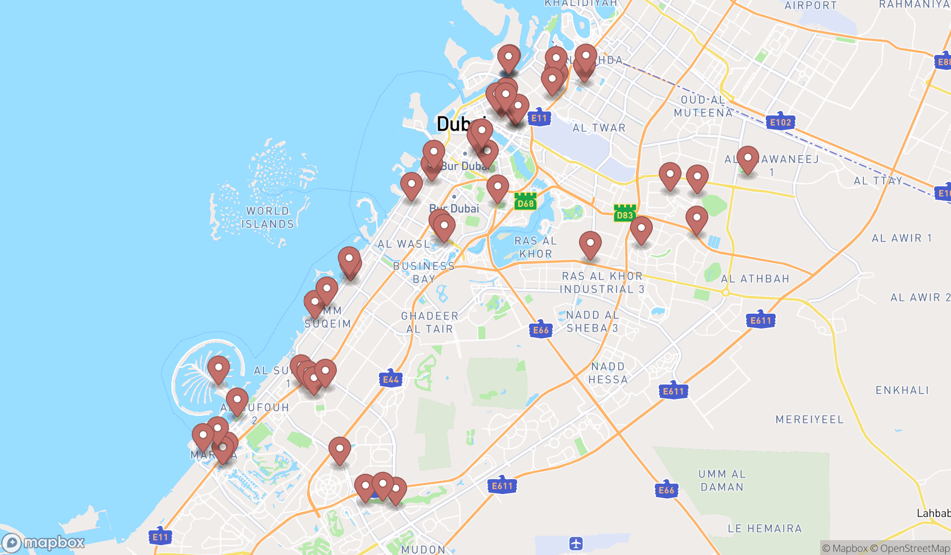 Map showing the search results in Dubai