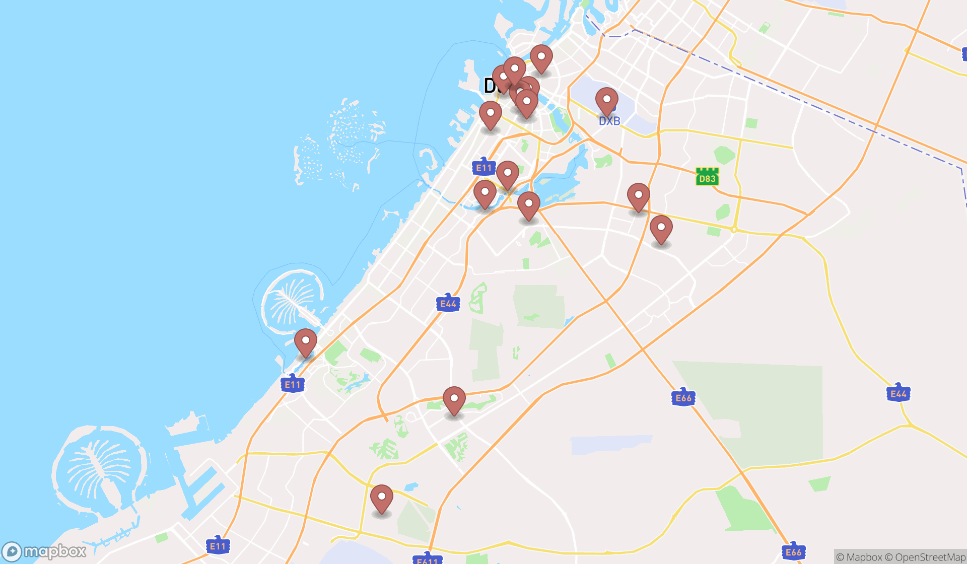 Map showing the search results in Dubai