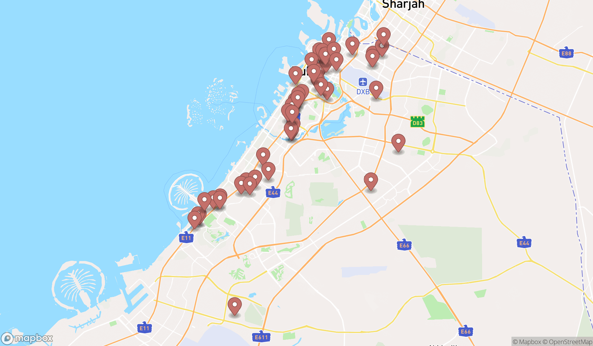 Map showing the search results in Dubai
