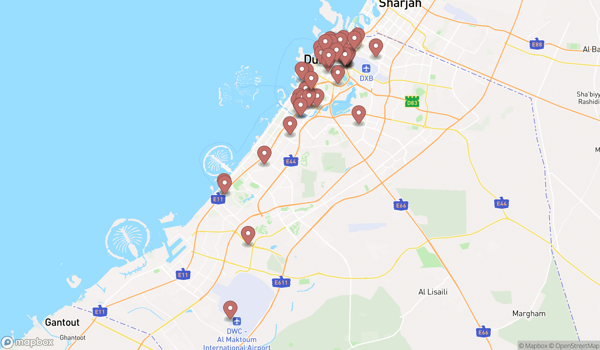 Map showing the search results in Dubai