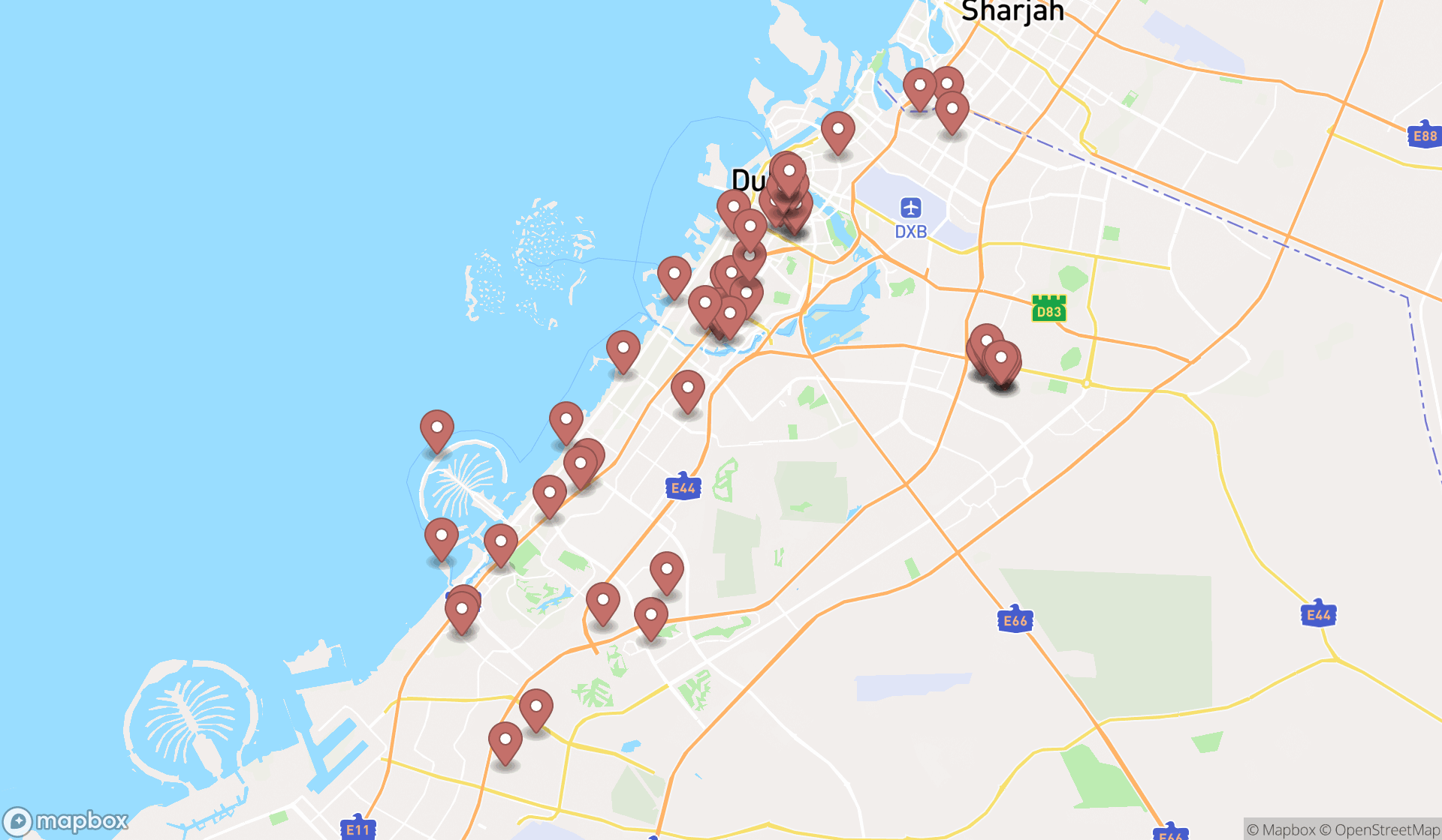 Map showing the search results in Dubai