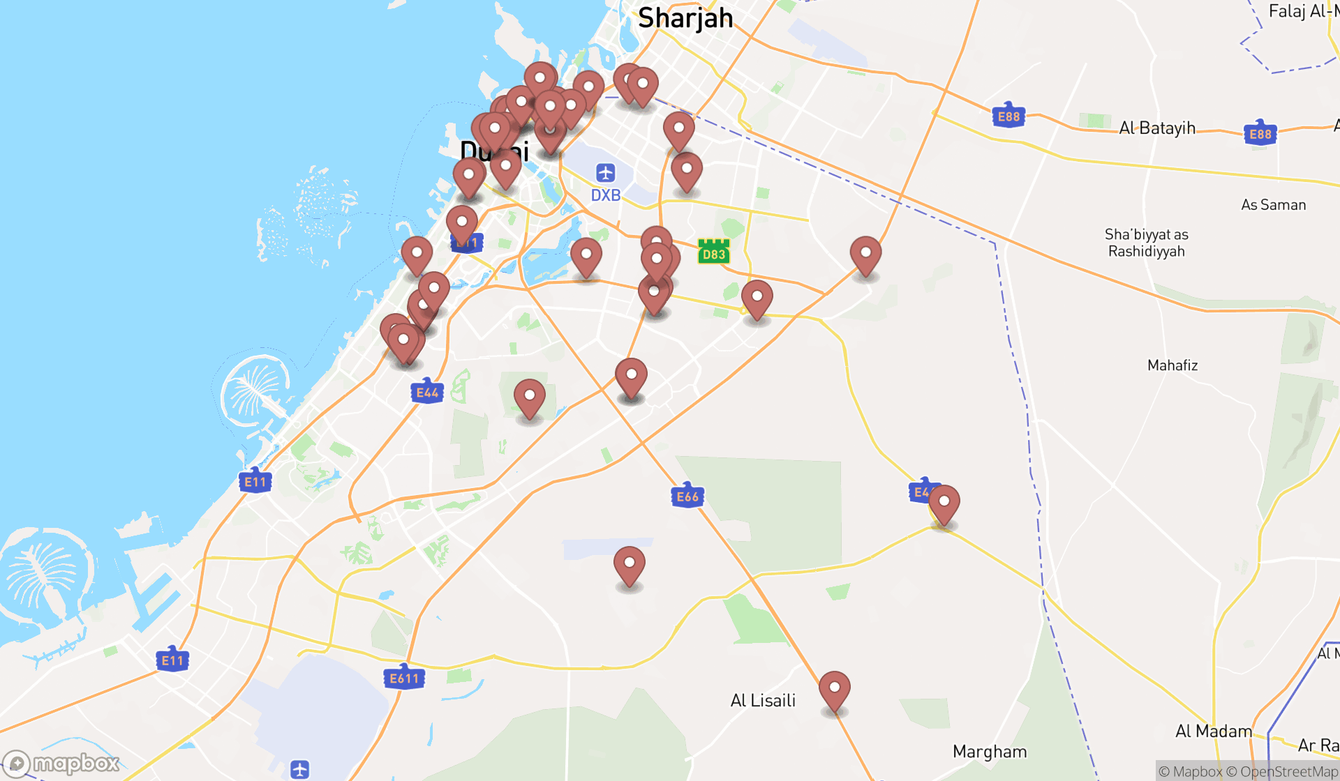 Map showing the search results in Dubai