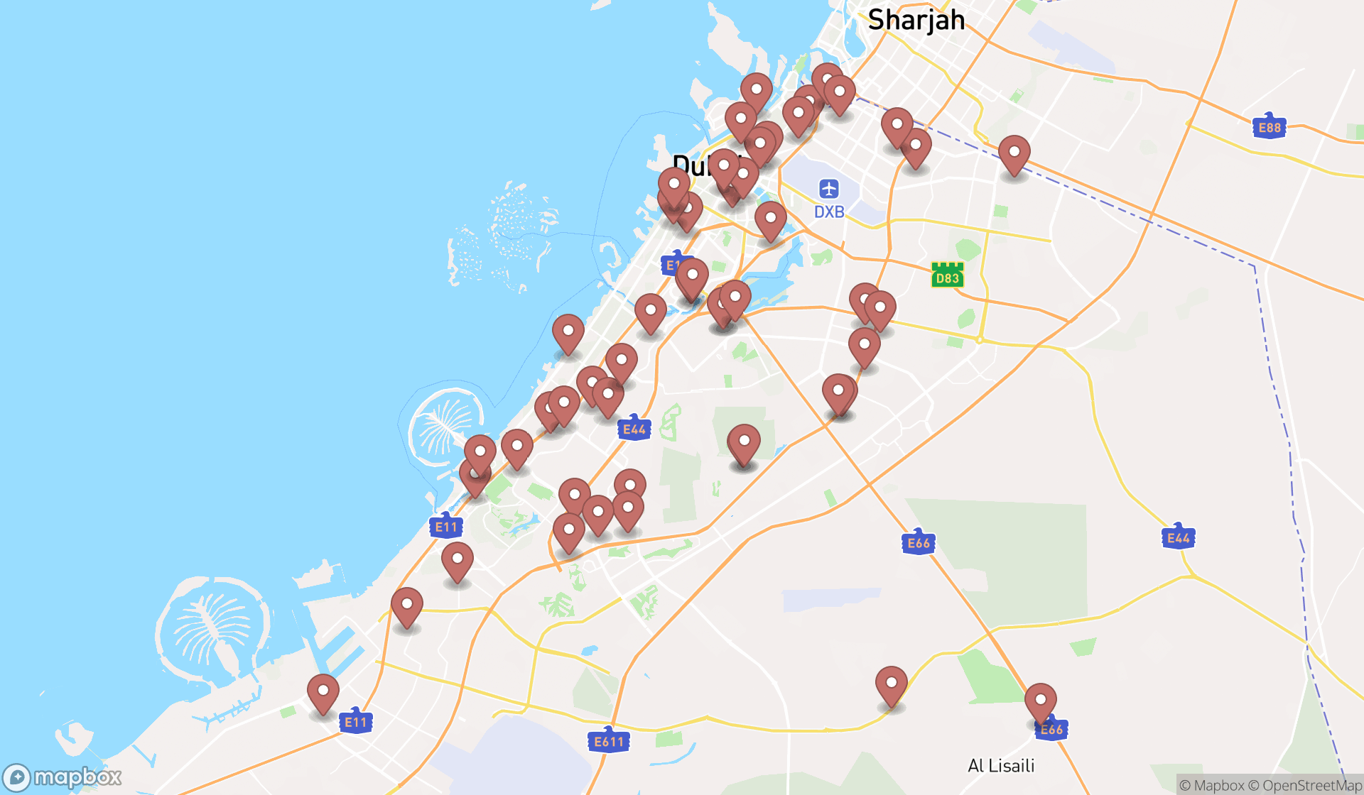 Map showing the search results in Dubai