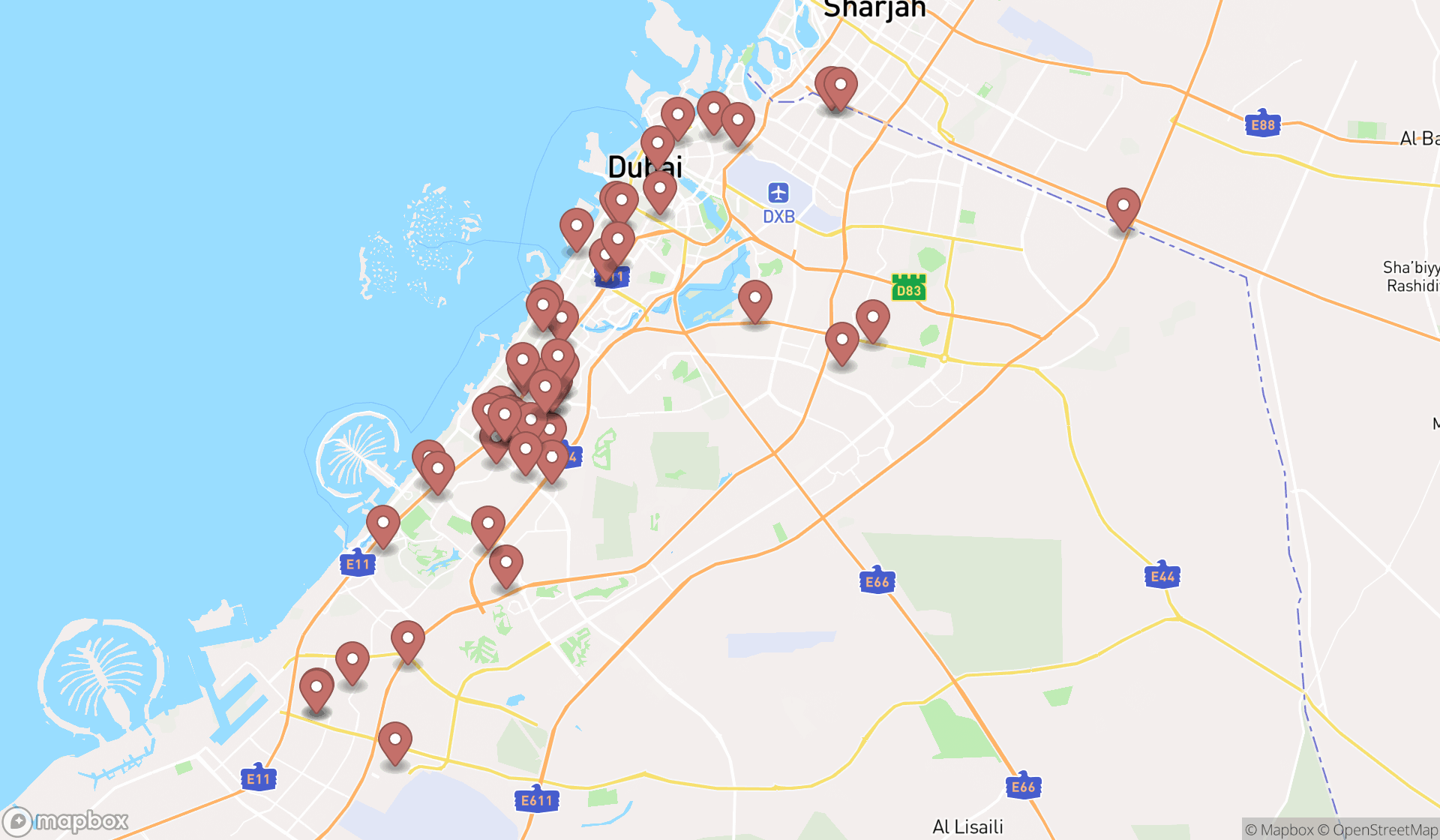 Map showing the search results in Dubai