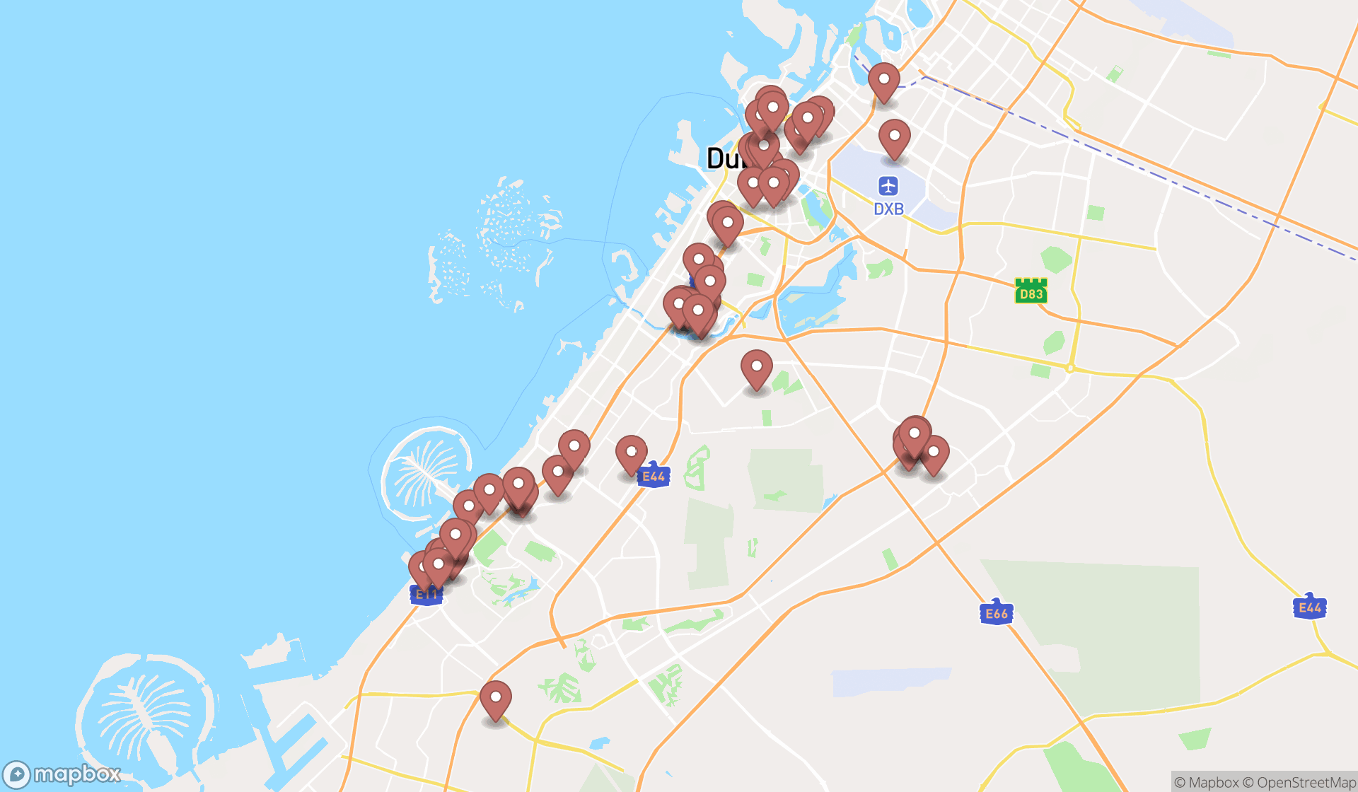 Map showing the search results in Dubai