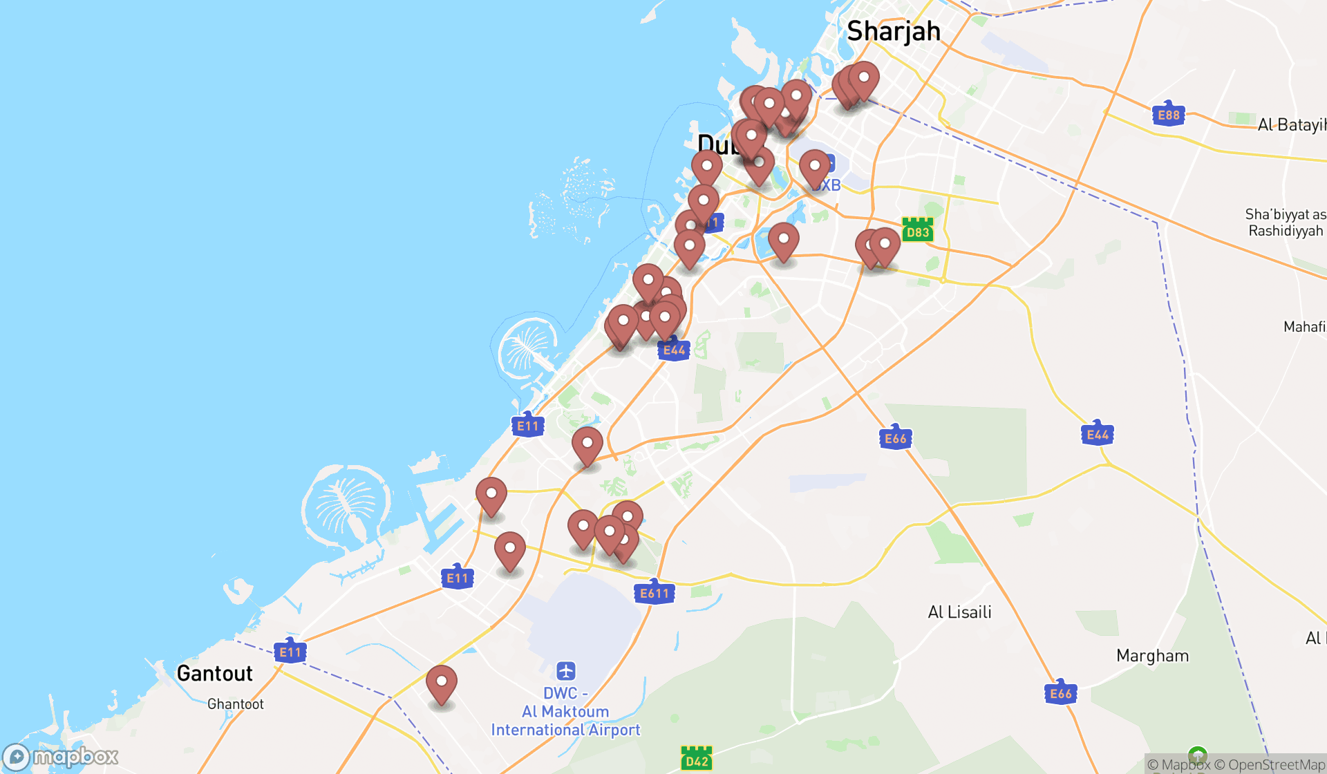 Map showing the search results in Dubai