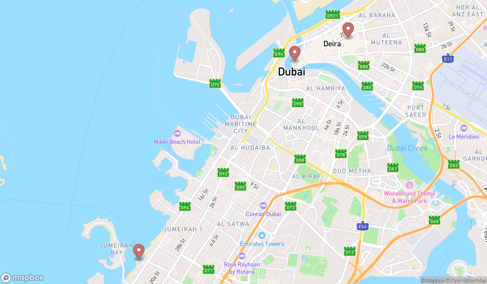 Map showing the search results in Dubai