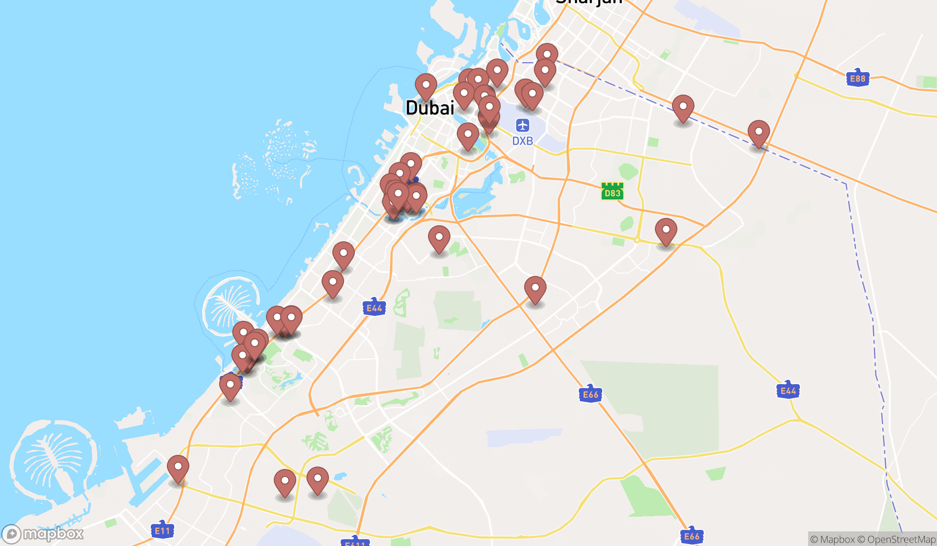 Map showing the search results in Dubai