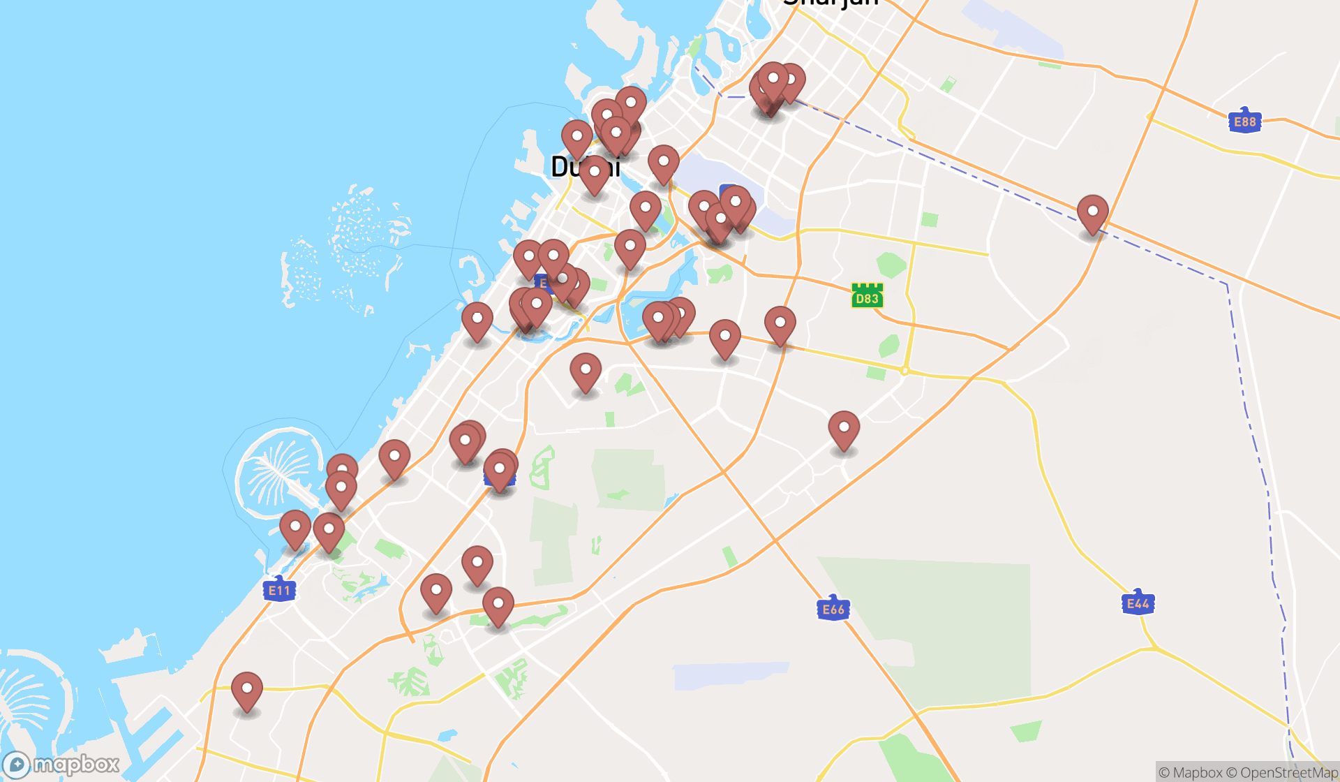 Map showing the search results in Dubai