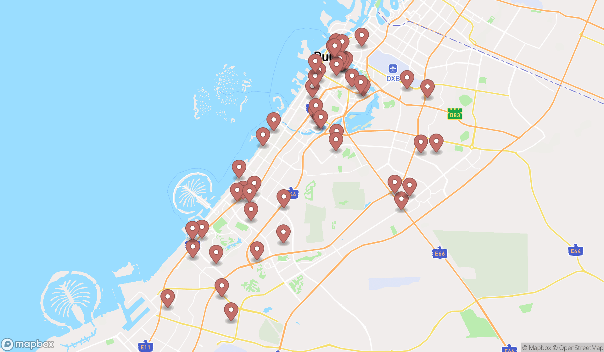 Map showing the search results in Dubai