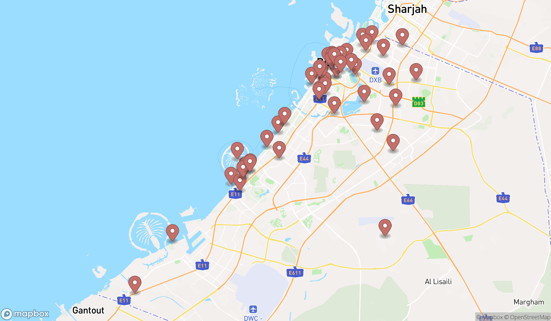 Map showing the search results in Dubai