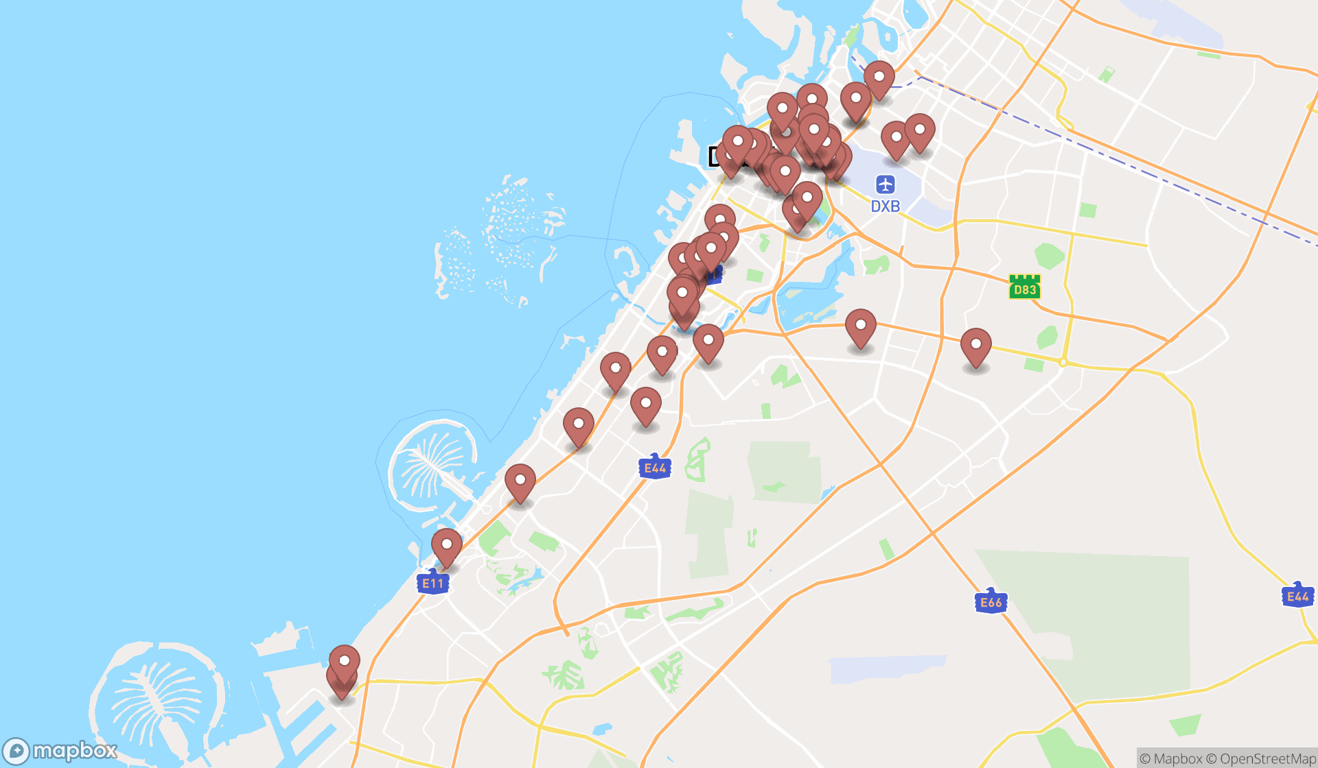 Map showing the search results in Dubai