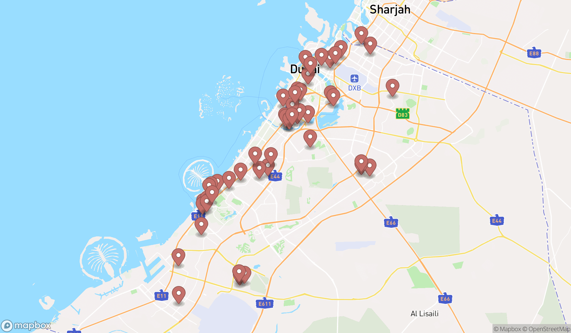Map showing the search results in Dubai