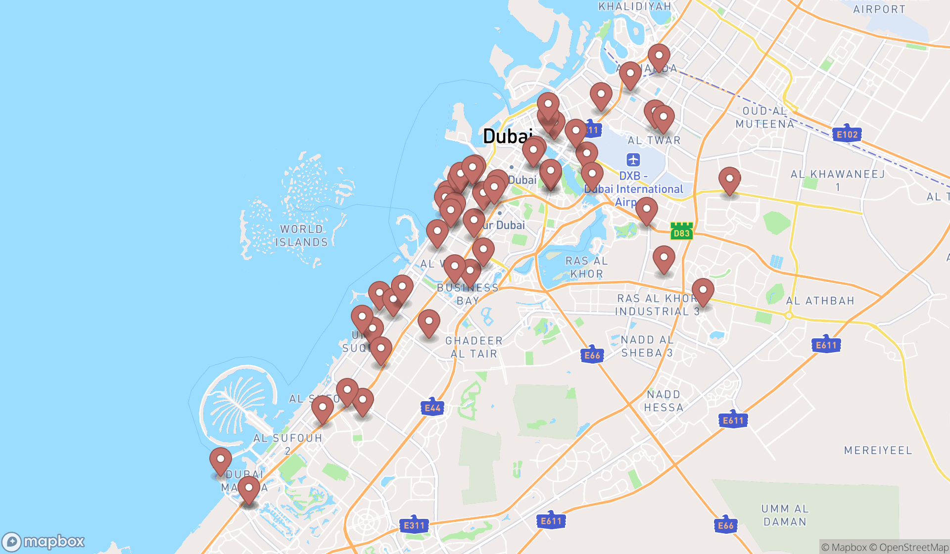 Map showing the search results in Dubai