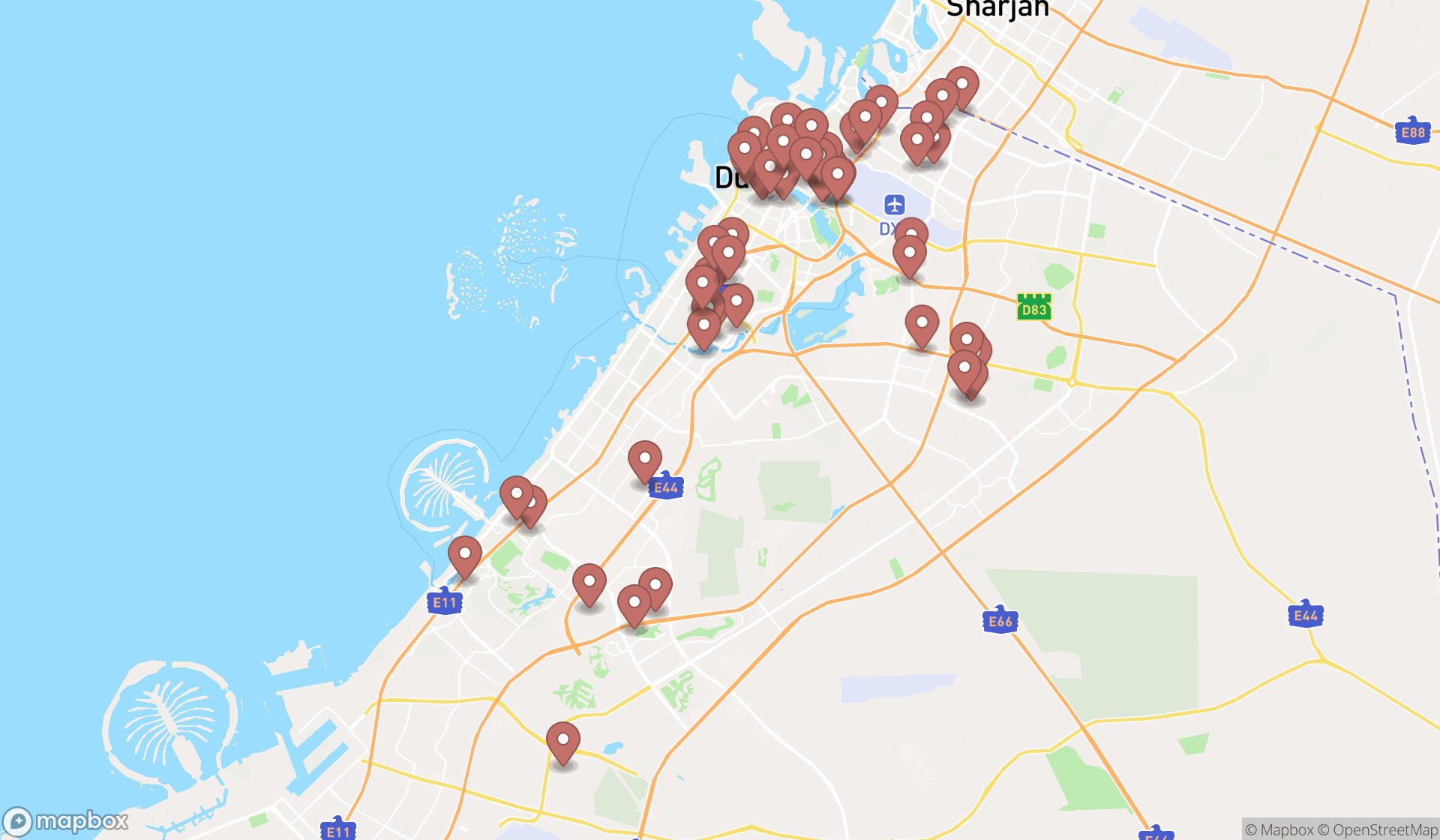 Map showing the search results in Dubai