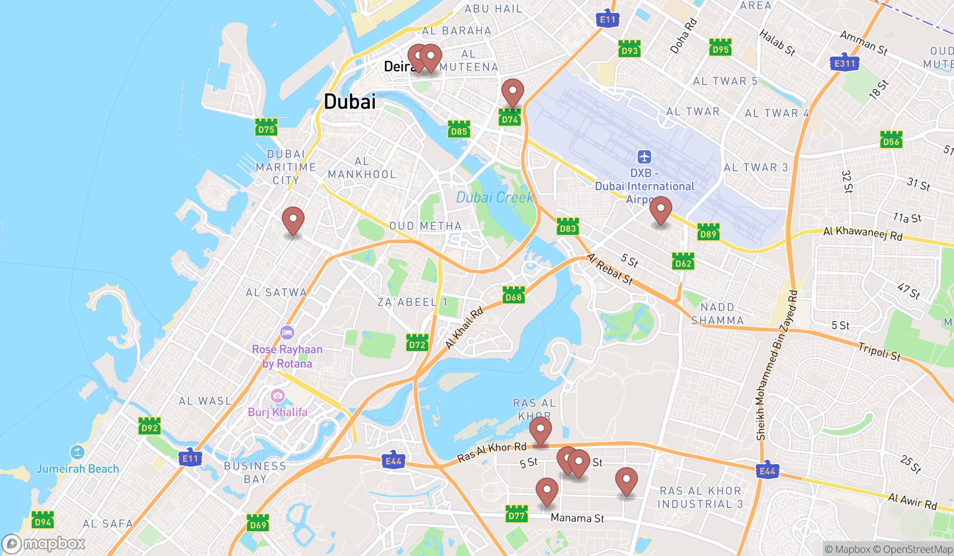 Map showing the search results in Dubai
