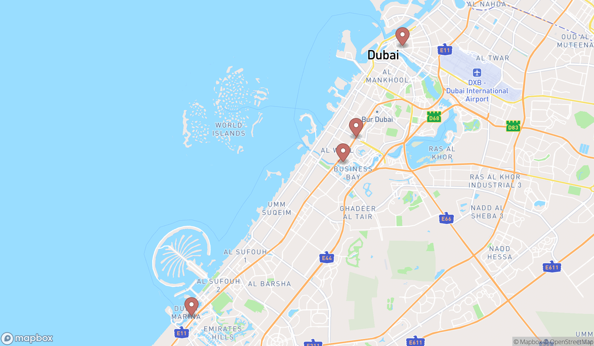 Map showing the search results in Dubai