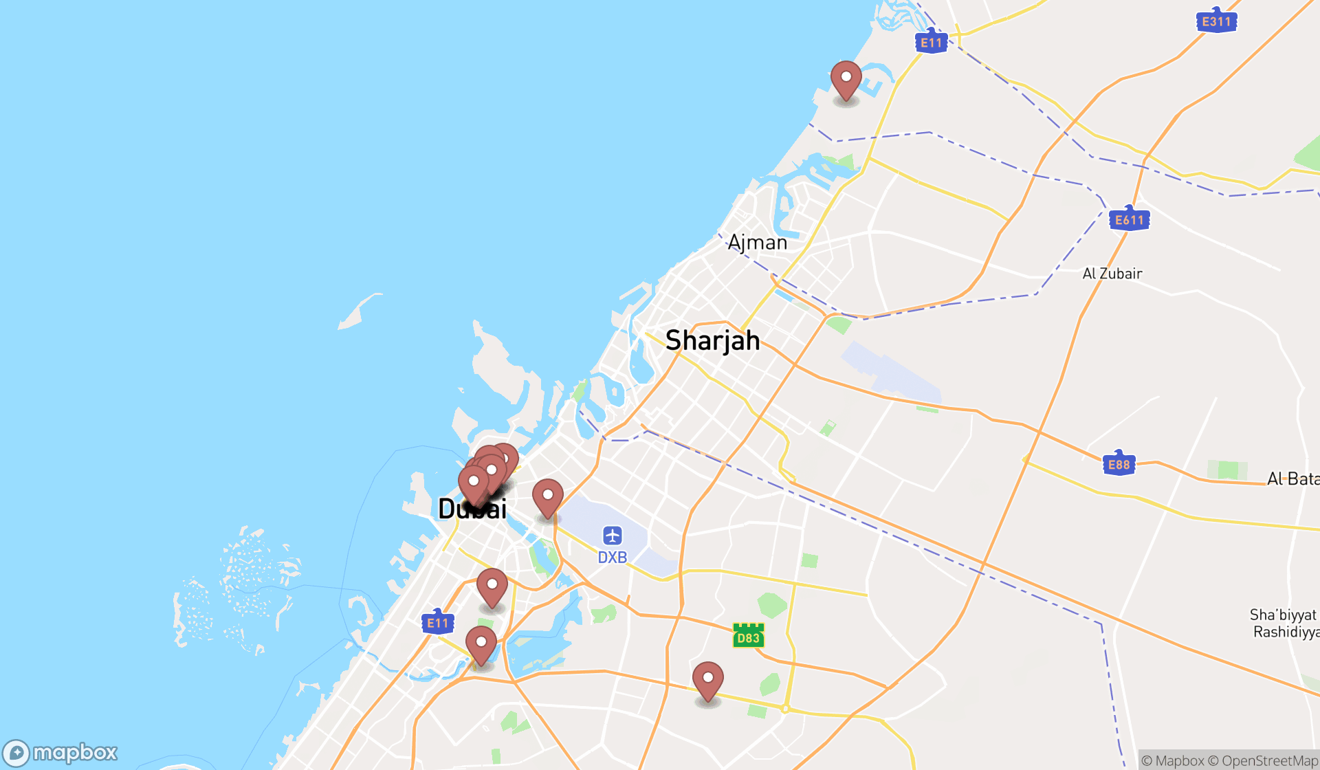 Map showing the search results in Dubai
