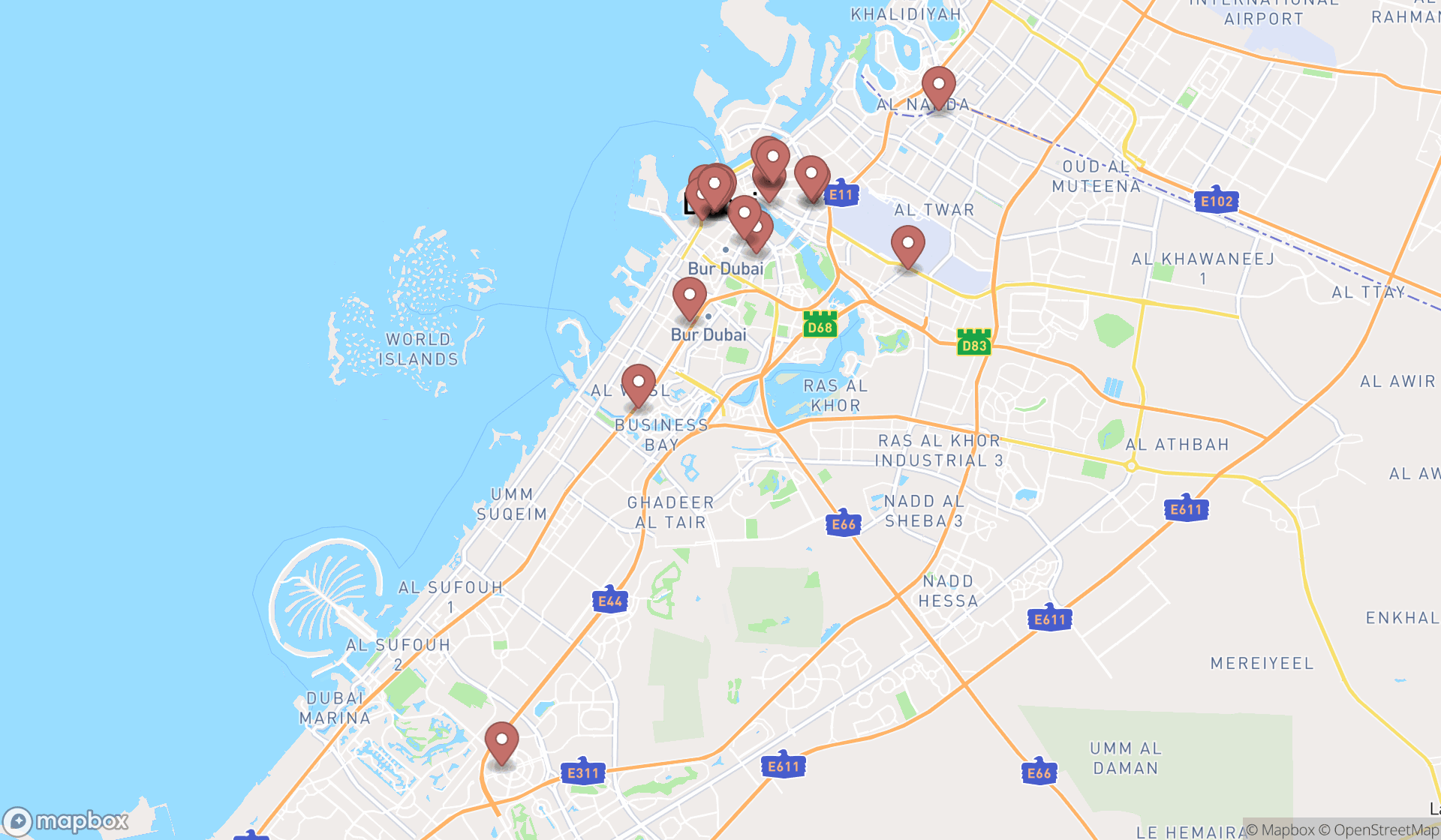 Map showing the search results in Dubai