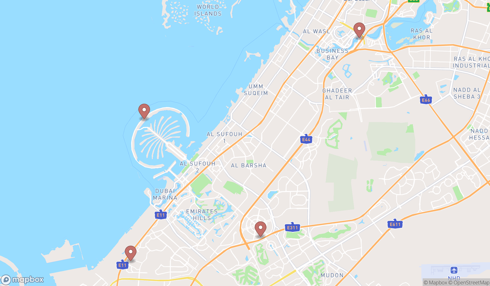 Map showing the search results in Dubai