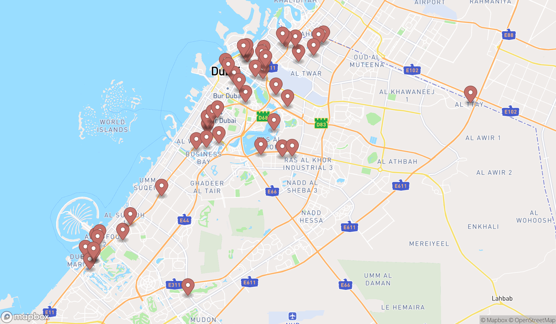 Map showing the search results in Dubai