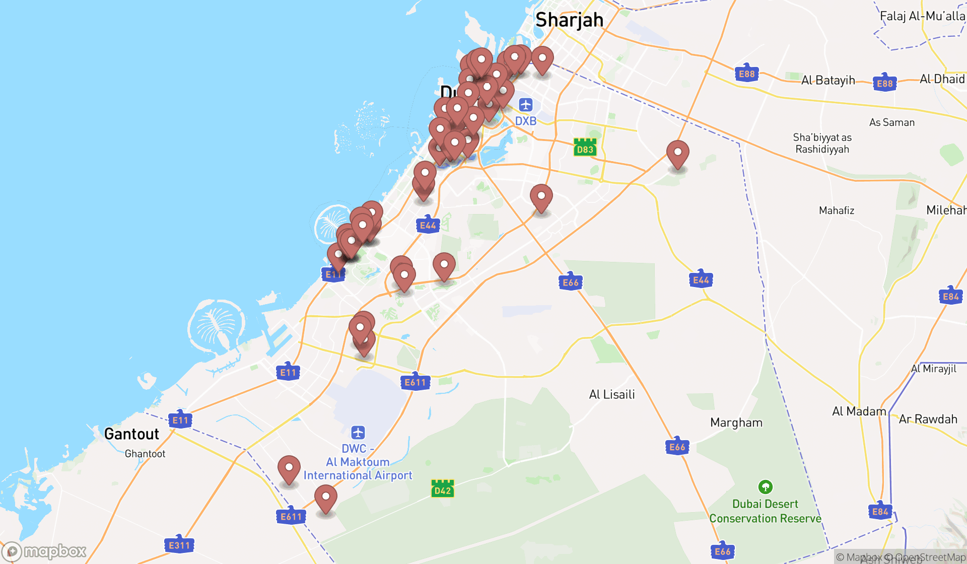 Map showing the search results in Dubai