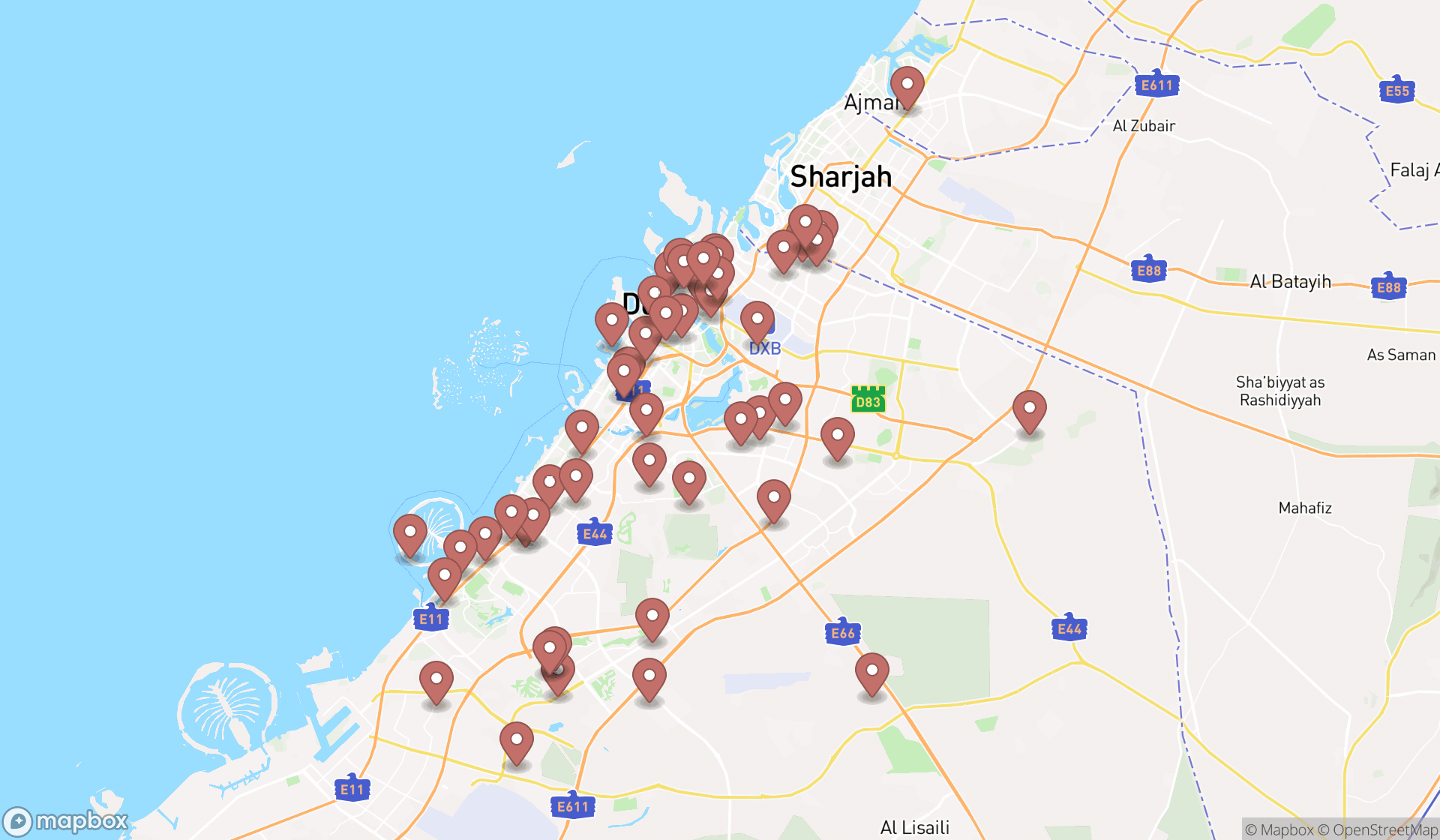 Map showing the search results in Dubai