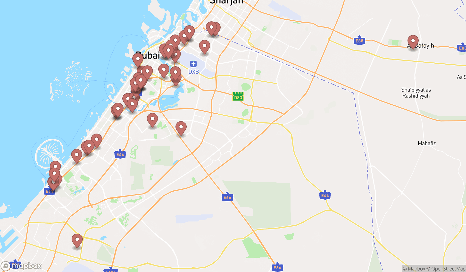 Map showing the search results in Dubai