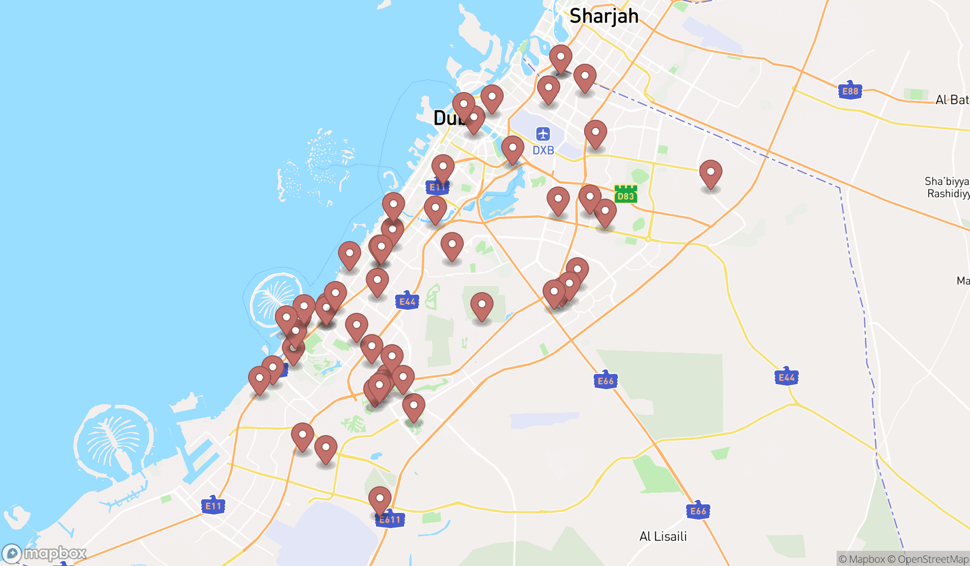 Map showing the search results in Dubai
