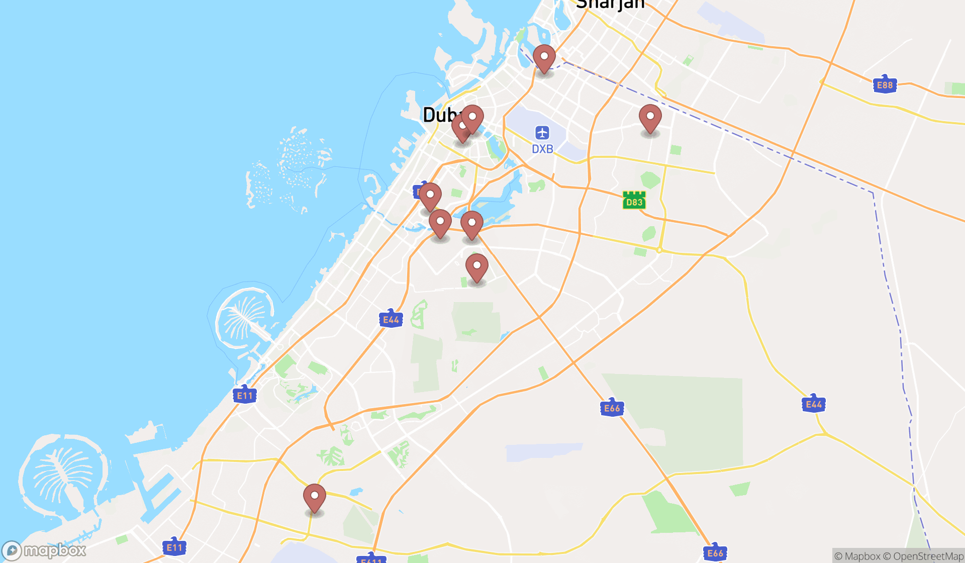 Map showing the search results in Dubai