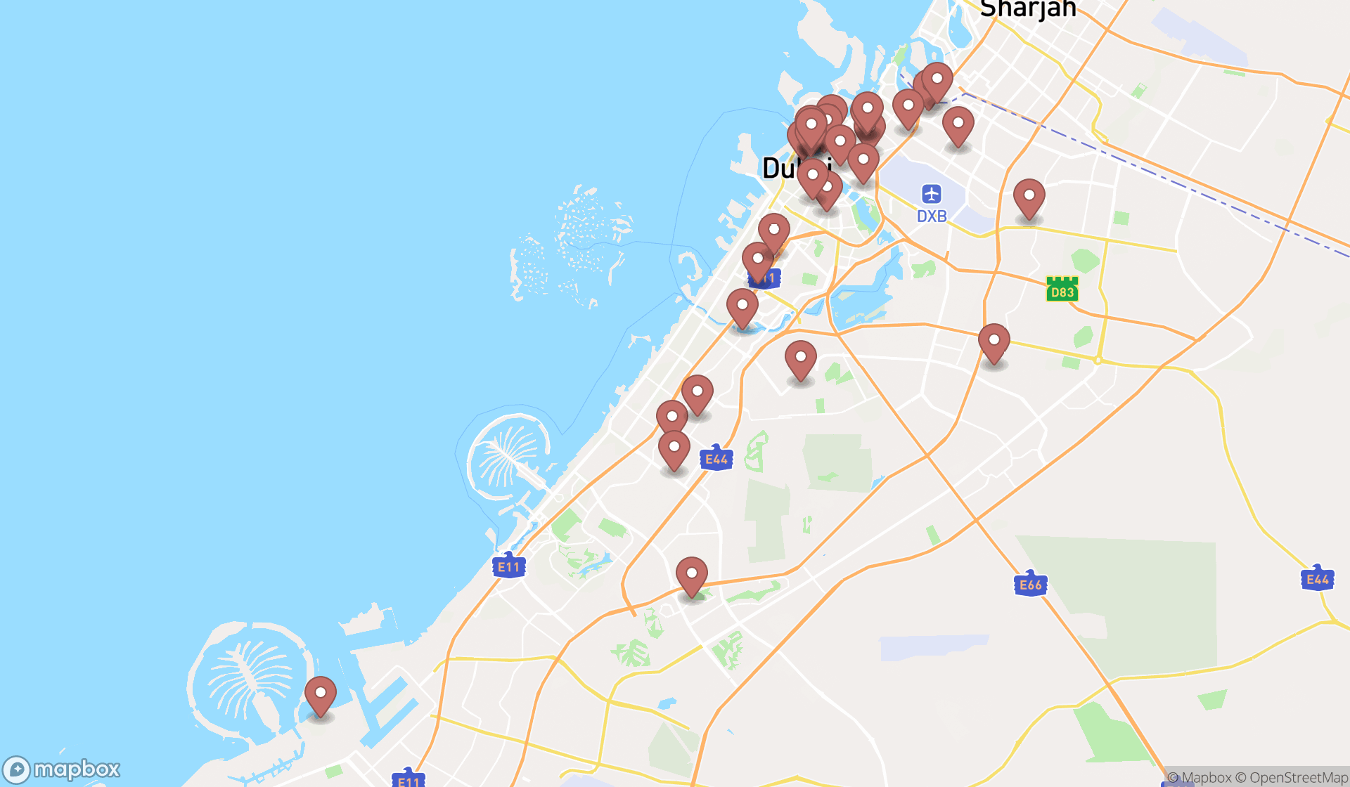 Map showing the search results in Dubai