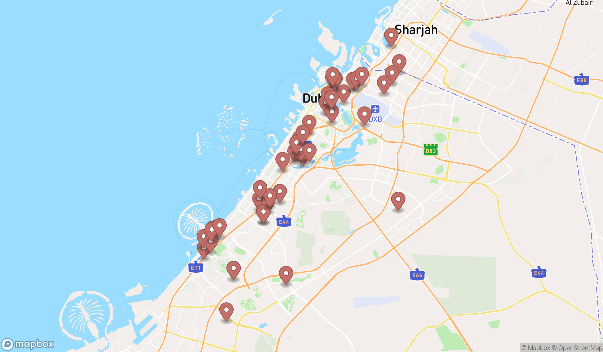 Map showing the search results in Dubai