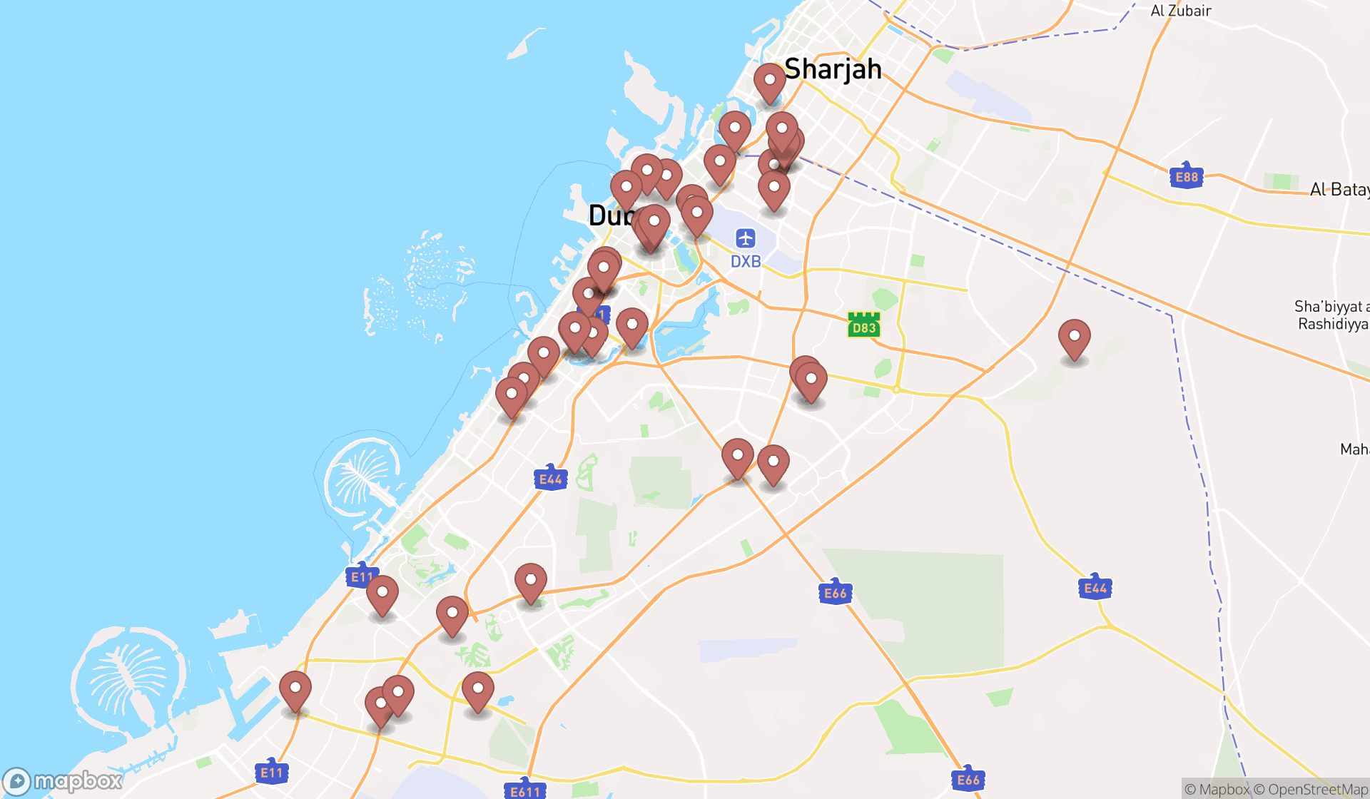 Map showing the search results in Dubai