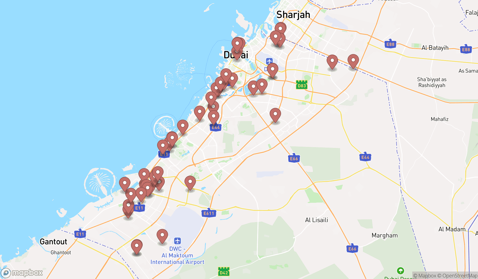 Map showing the search results in Dubai