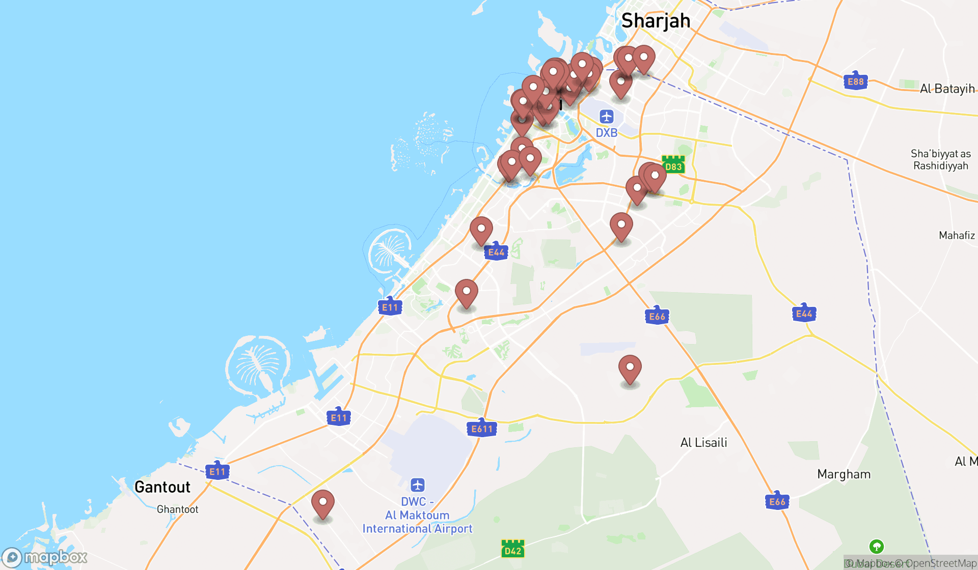 Map showing the search results in Dubai