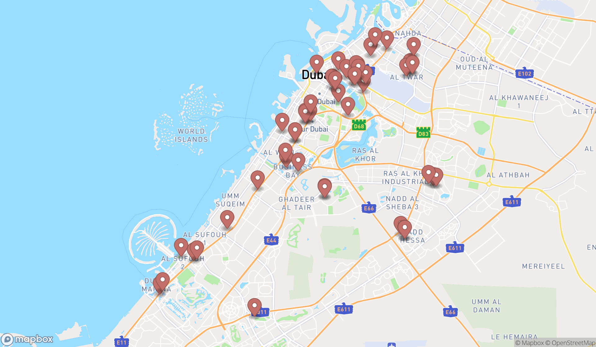 Map showing the search results in Dubai