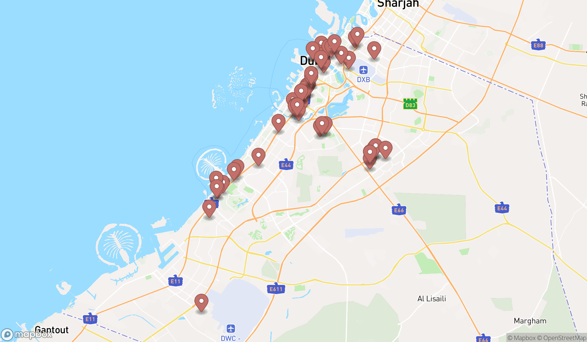Map showing the search results in Dubai