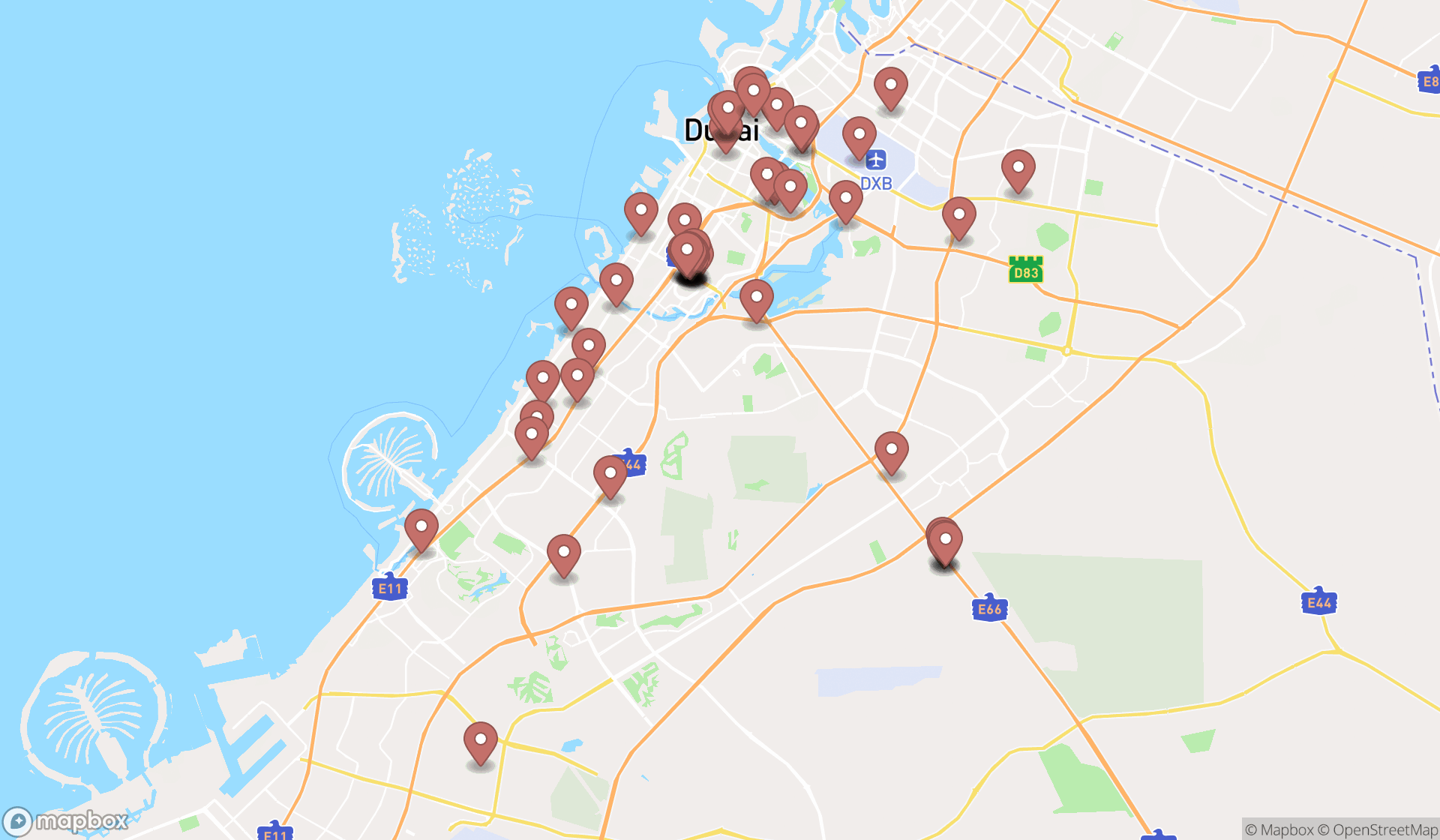 Map showing the search results in Dubai