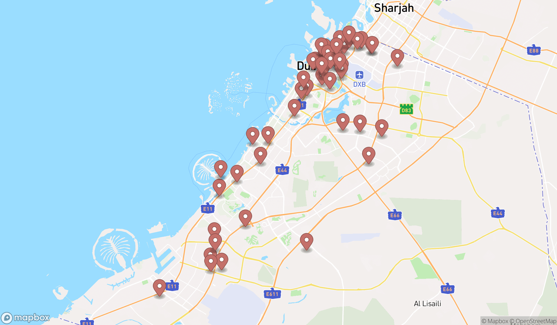 Map showing the search results in Dubai