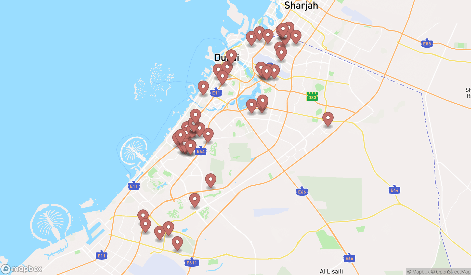 Map showing the search results in Dubai