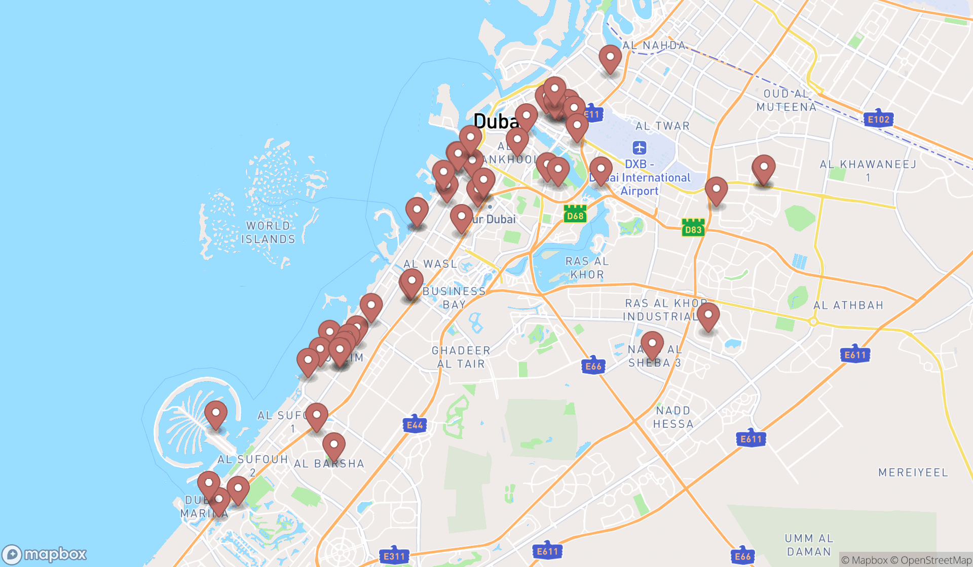 Map showing the search results in Dubai
