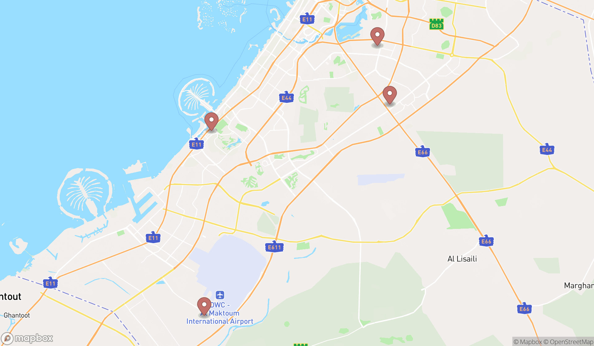 Map showing the search results in Dubai