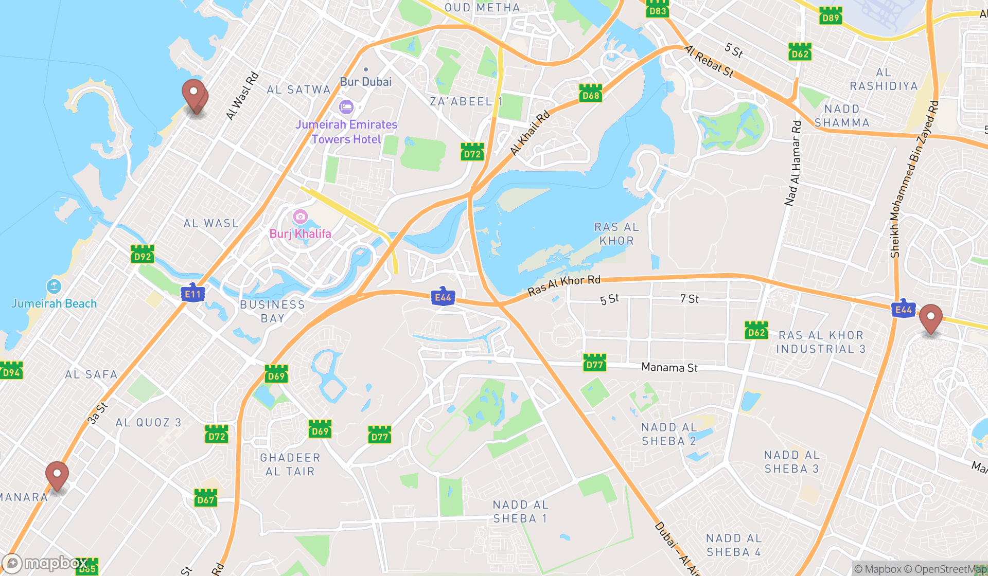 Map showing the search results in Dubai