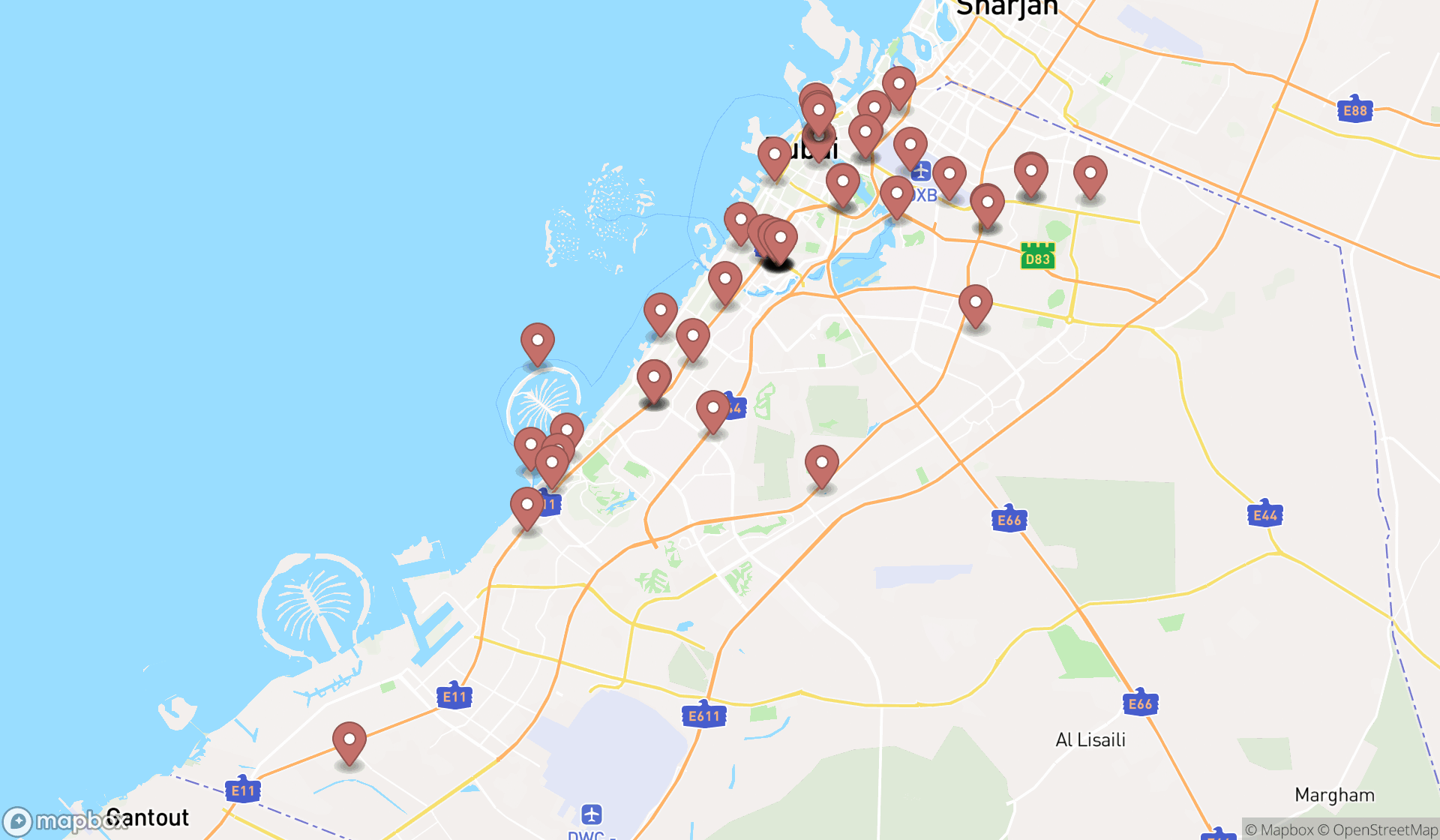 Map showing the search results in Dubai