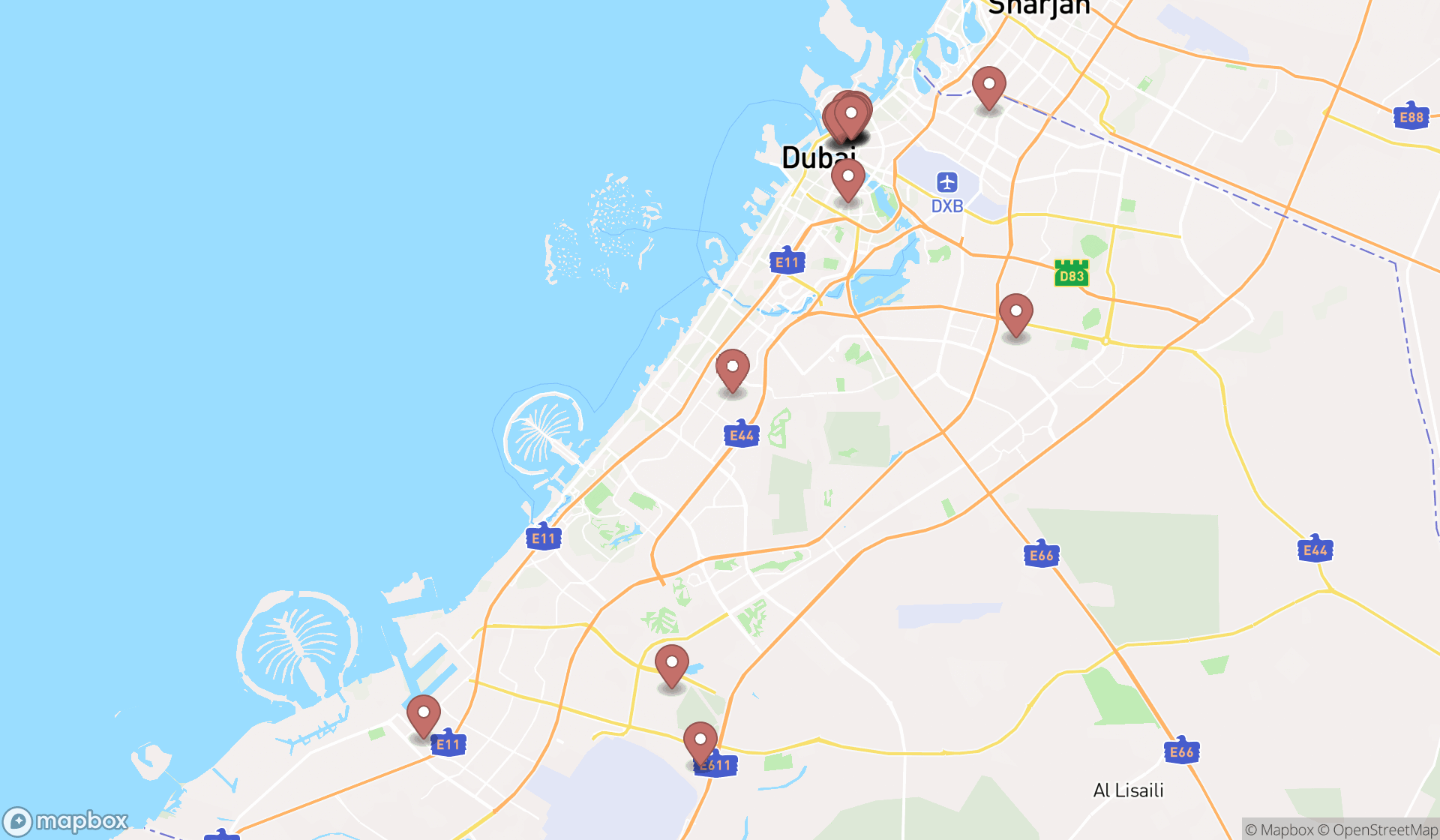 Map showing the search results in Dubai