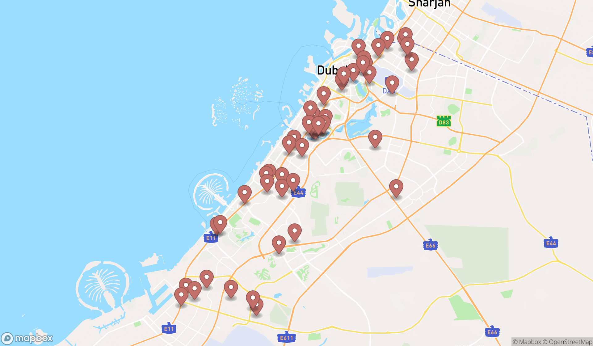 Map showing the search results in Dubai