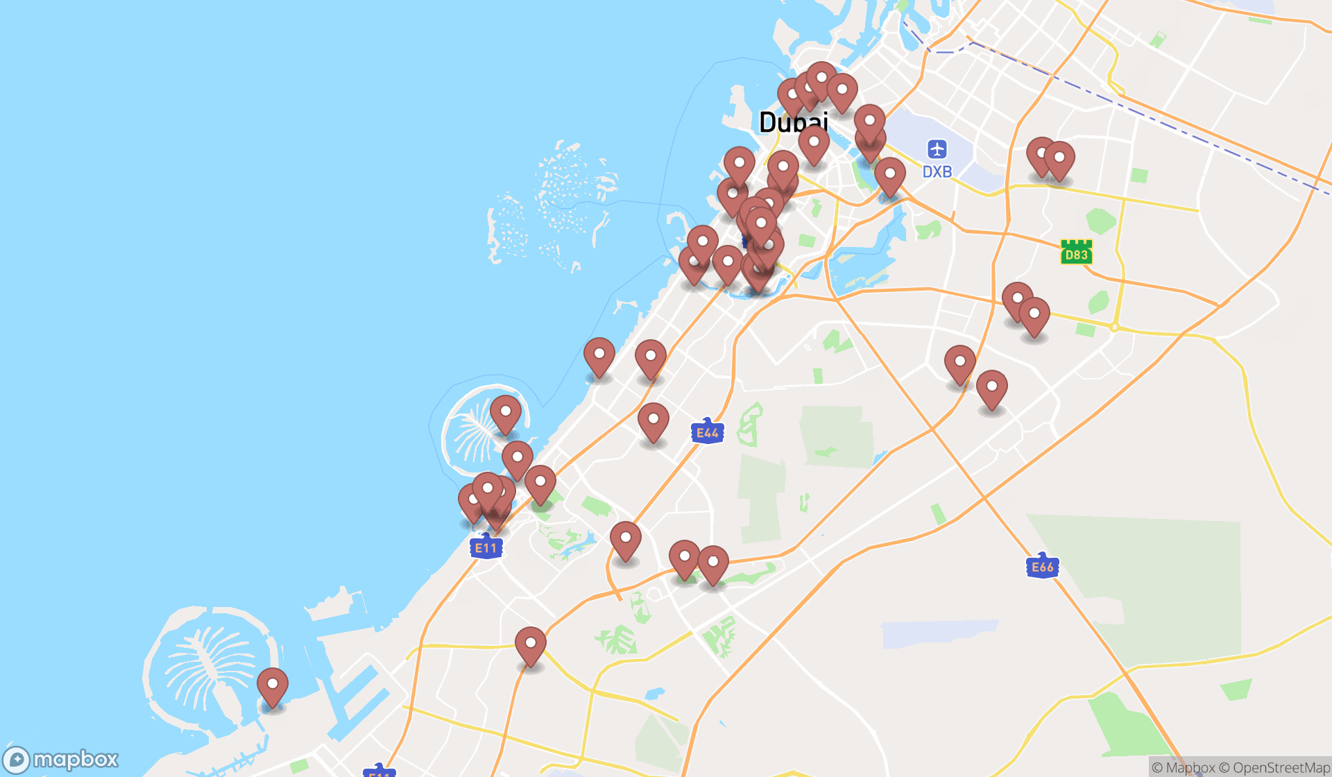 Map showing the search results in Dubai