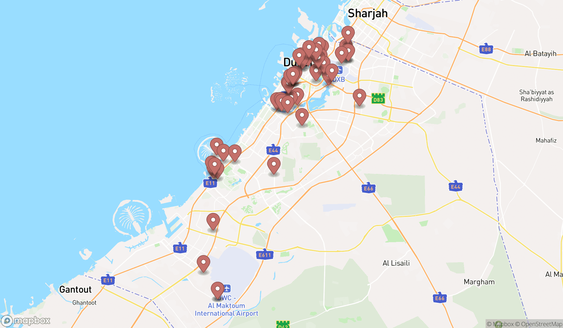 Map showing the search results in Dubai
